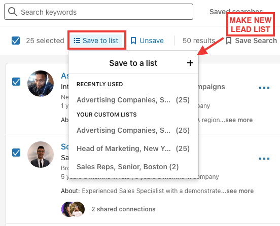 Add prospects to your lead lists by using the “Save to Lists” option